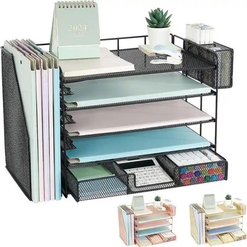 5-Tier Metal Mesh Desk Organizer with Drawer and Pen Holder