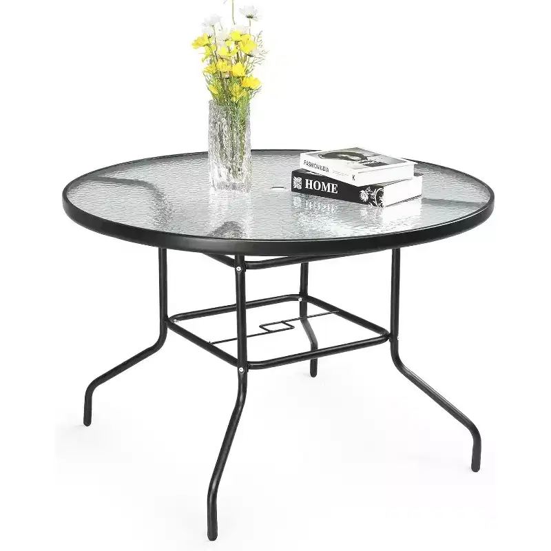 VINGLI Round Patio Table with Umbrella Hole, 40 Outdoor Dining Table Steel Tempered Glass Patio Tables Round Outdoor Tables