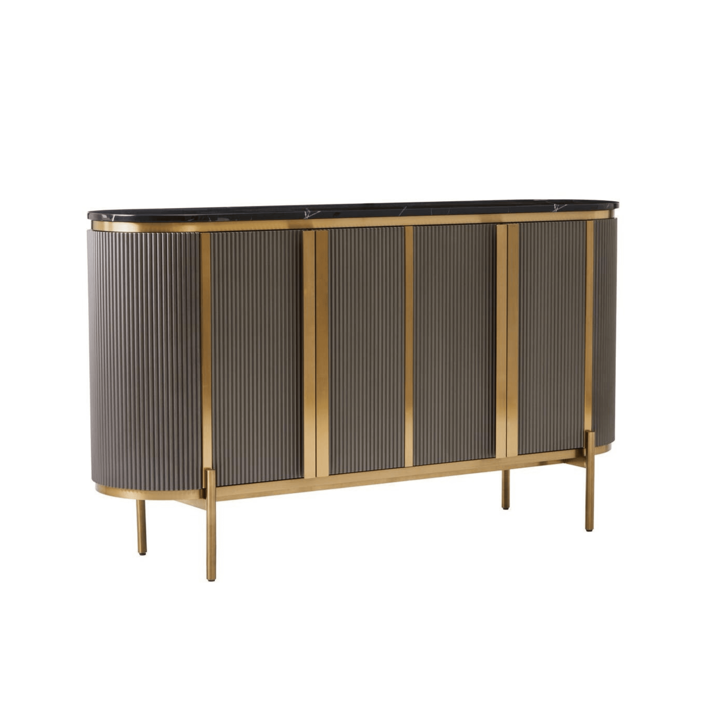 Grey & Gold Ribbed 4 Door Sideboard with Black Marble Top