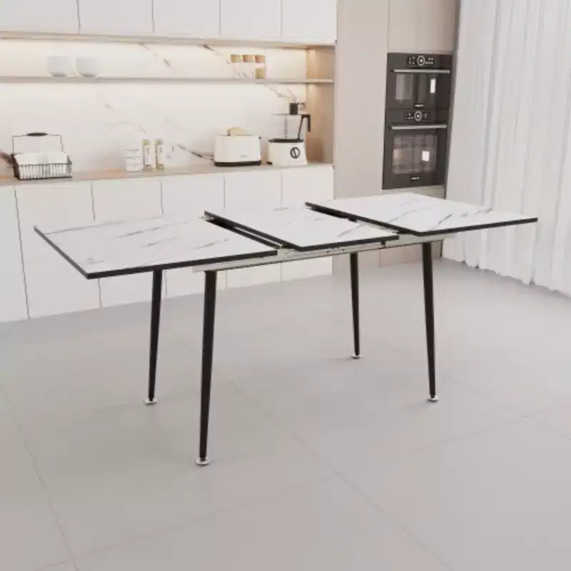 63 Expandable MDF Square Dining Table with White Marble Print, Modern Industrial, Black Metal Tapered Legs