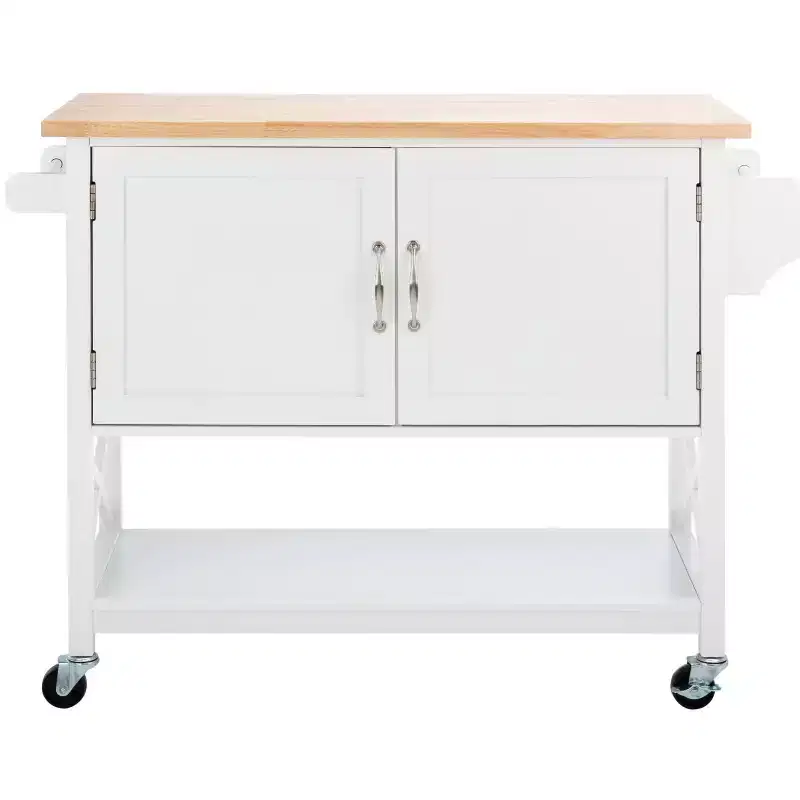 Kesler 2-Door 1-Shelf Kitchen Cart | White & Natural Wood Top | Locking Casters