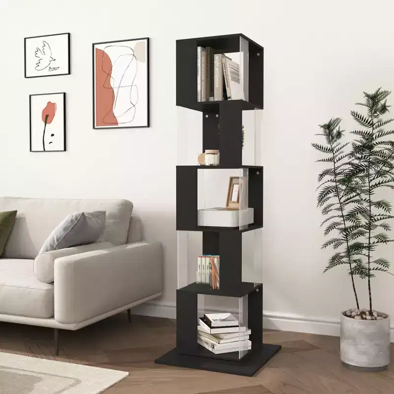 360 Rotating 5-Tier Floor-Standing Minimalist Bookcase Black Acrylic Modern Bookshelf