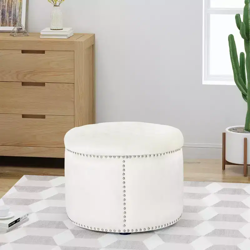 22" Round Velvet Ottoman Stool with Button Tufting and Nailhead Trim