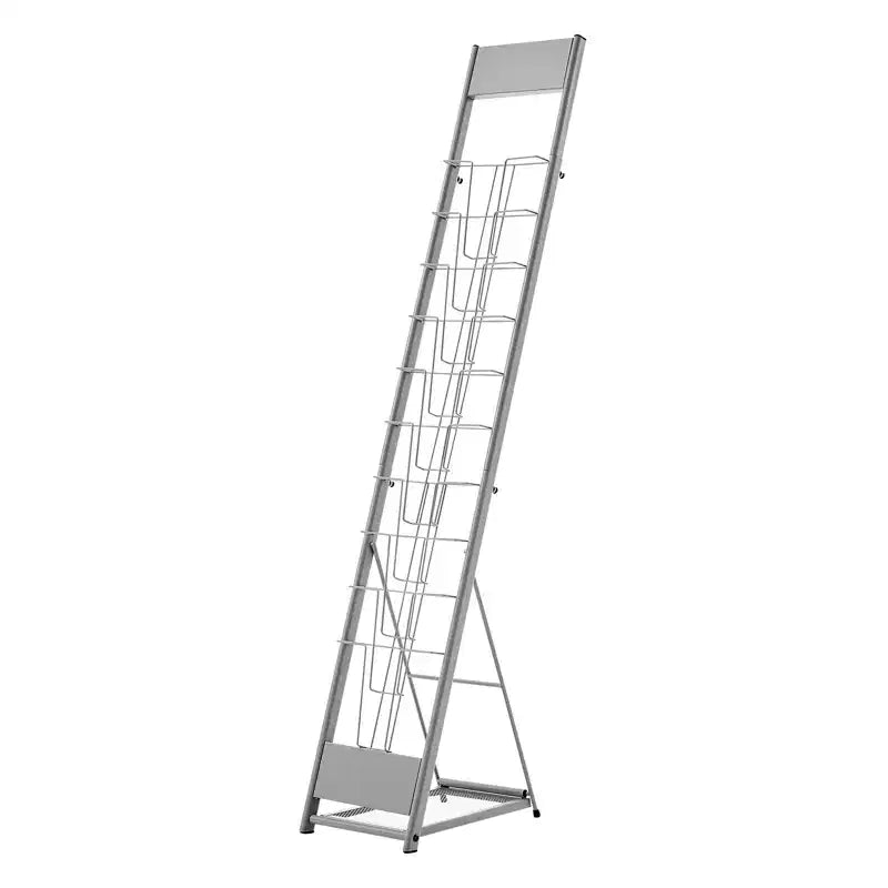 10-Pocket Floor Standing Magazine & Brochure Display Rack, Metal, Silver