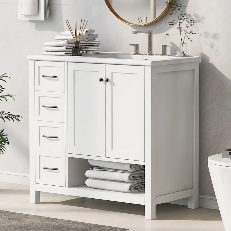 36 Modern Vanity with Sink, 2 Cabinets, 2 Metal Handles, and Sliding Drawer Tracks, Suitable for Dressing Room Bathroom