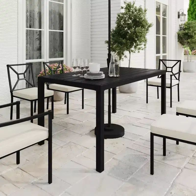 Martha Stewart Lily Pond 60 Indoor-Outdoor Patio Table with Slatted Top and Steel Frame in Black