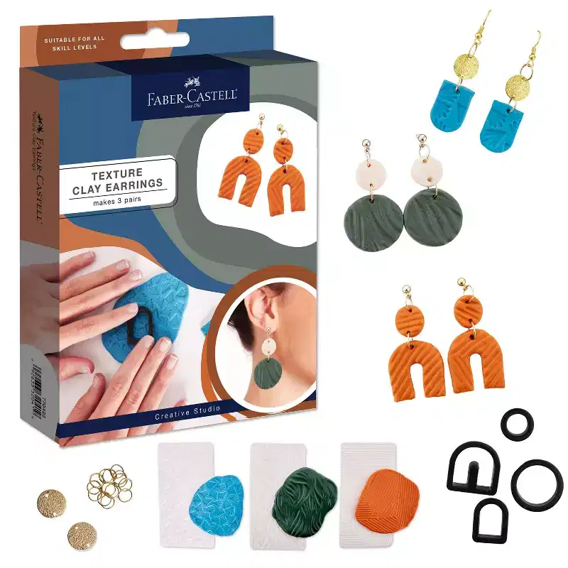 Faber-Castell Texture Clay Earrings: Multicolored Art & Craft Tool Set, 30 Pieces, Includes Brushes, Wood Material