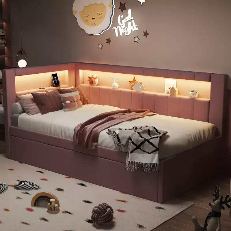 Twin/Full Daybed with Trundle and L-Shaped Bookshelf Headboard, Linen Upholstered Soft Corner Bed with Storage Shelves and LED Belt