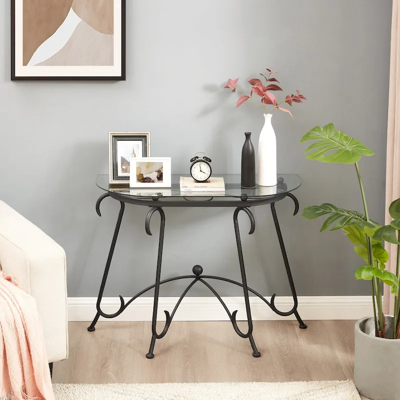 Tempered Glass Console Table, Rustic Decor Coffee Table with Metal Frame for Living Room