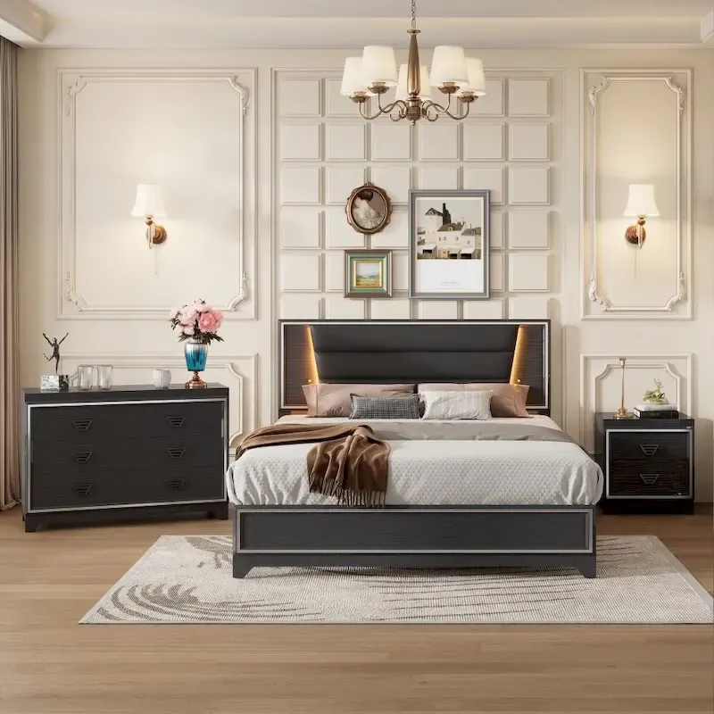 3-Pieces Bedroom Sets Queen Size Upholstered Bed