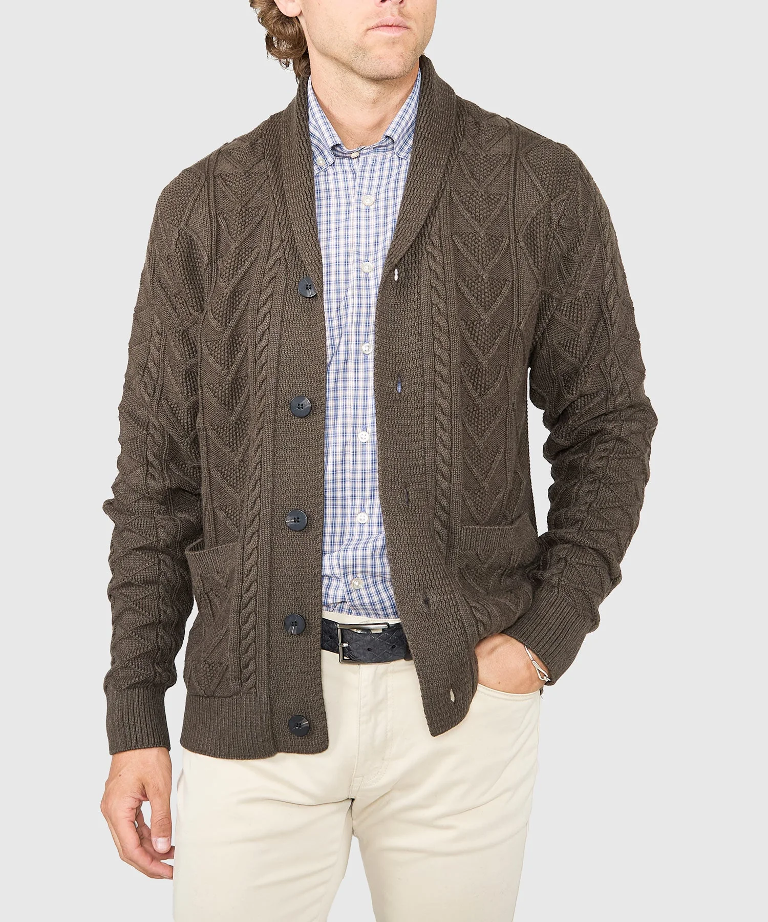Cable Knit Shawl Collar Cardigan �C Sable