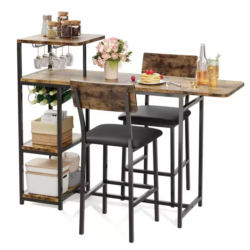 Dining Table Set for 2, 3-Piece Expandable Bar Table and Chairs Set, with Storage Shelves and Wine Rack, Small Kitchen Dining Set for Living Room