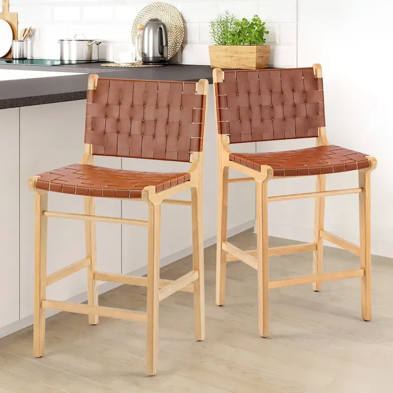 Fully Assembled Woven Leather Counter Height Bar Stools - 18.9W x 18.9D x 38.2H
