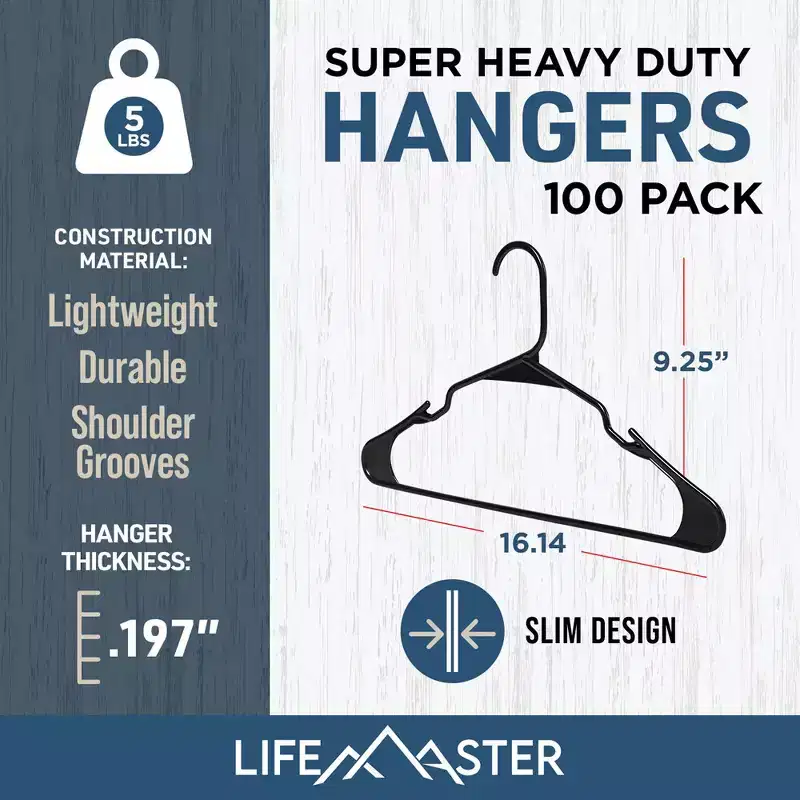 LifeMaster Black Plastic Clothes Hangers Set - Space-Saving and Non-Slip.