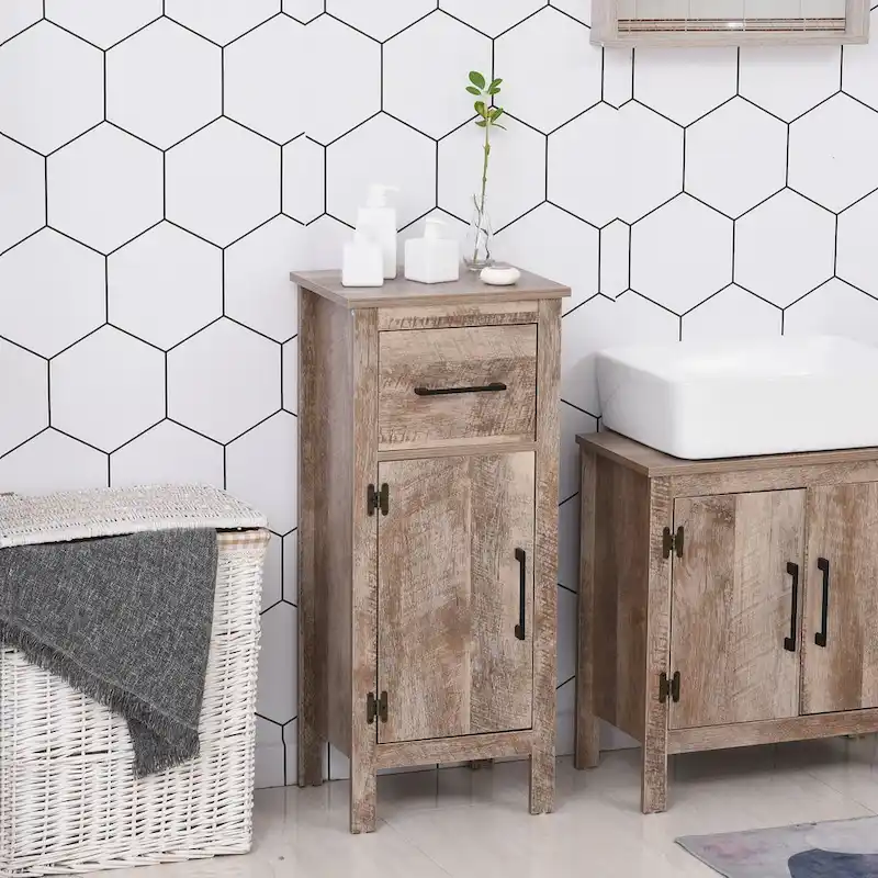 Barnwood Bathroom Floor Cabinet with Drawer and Adjustable Shelf
