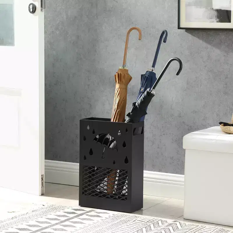SONGMICS Metal Umbrella Stand, Rectangular Umbrella Holder Rack, with a Removable Drip Tray, 4 Hooks, Cutout Design, for Entryway, Office, Black