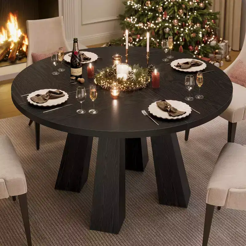 Round Dining Room Table for 4-6, 47 Farmhouse Circle Dinner Table with Sturdy Base Pedestal, for Dining Room, Living Room