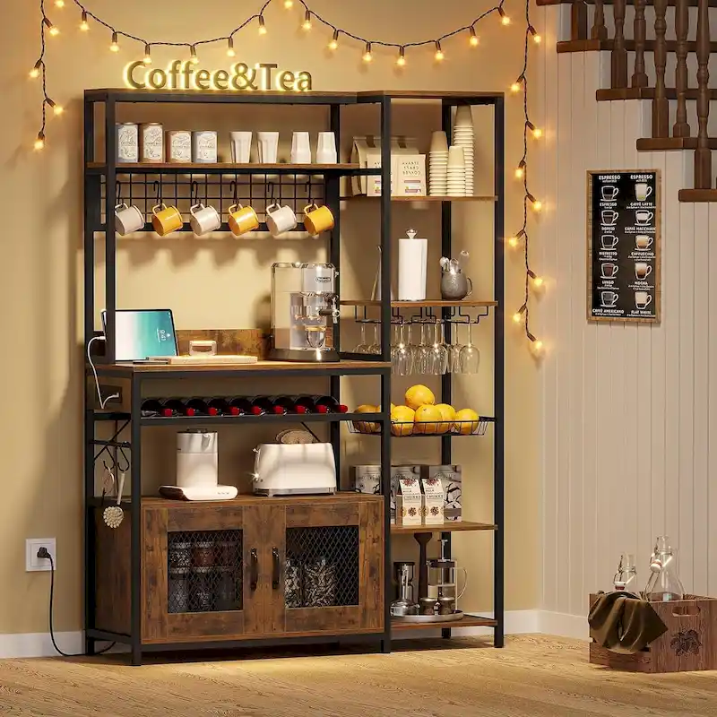 47.2 in Bakers Rack with Power Outlet Coffee Bar with Cabinet