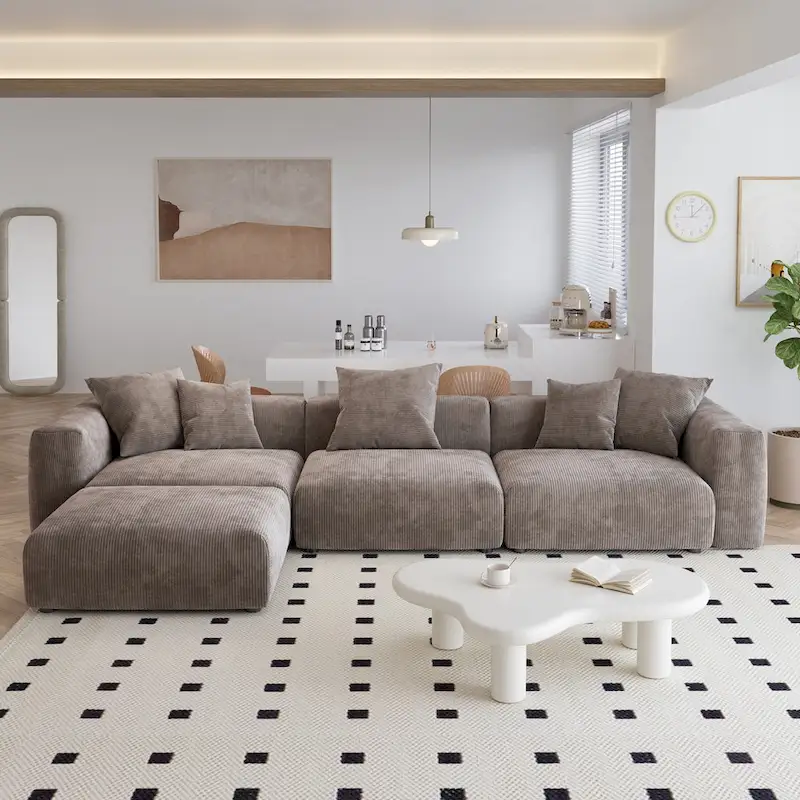 Modern Corduroy Upholstered Sofa, 4-seater, L-Shaped Sectional Sofa