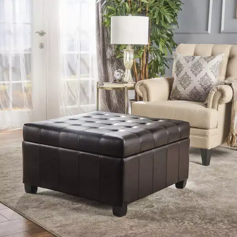 Contemporary Tufted Faux Leather and Birch Wood Upholstered Storage Ottoman