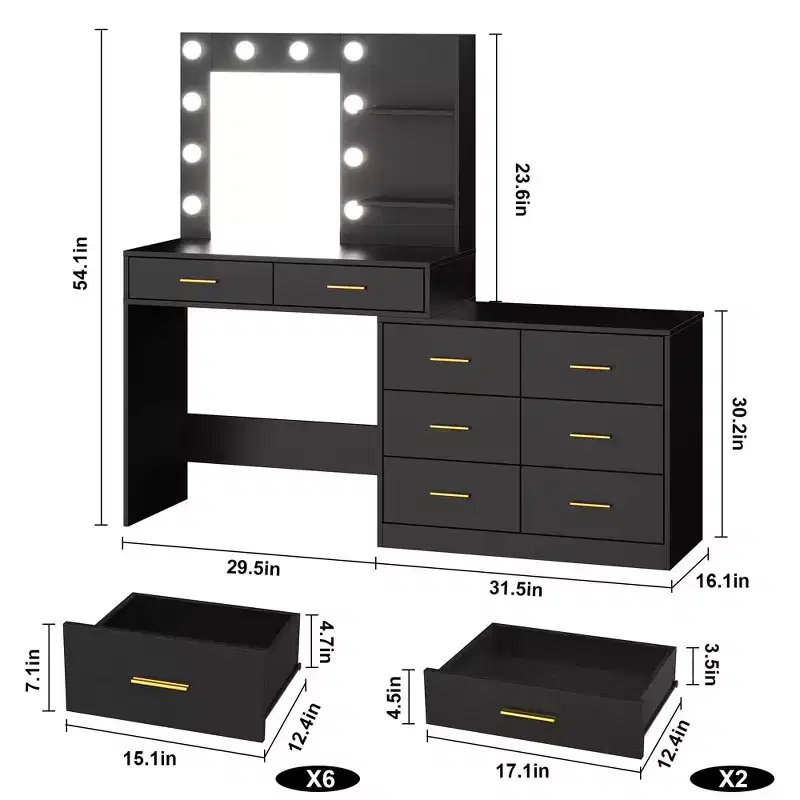 Modern Vanity Desk with Mirror - 8 Large Storage Drawers, 2-Tier Shelves, Makeup Organizer for Bedroom, Elegant Dressing Table for Home Decor