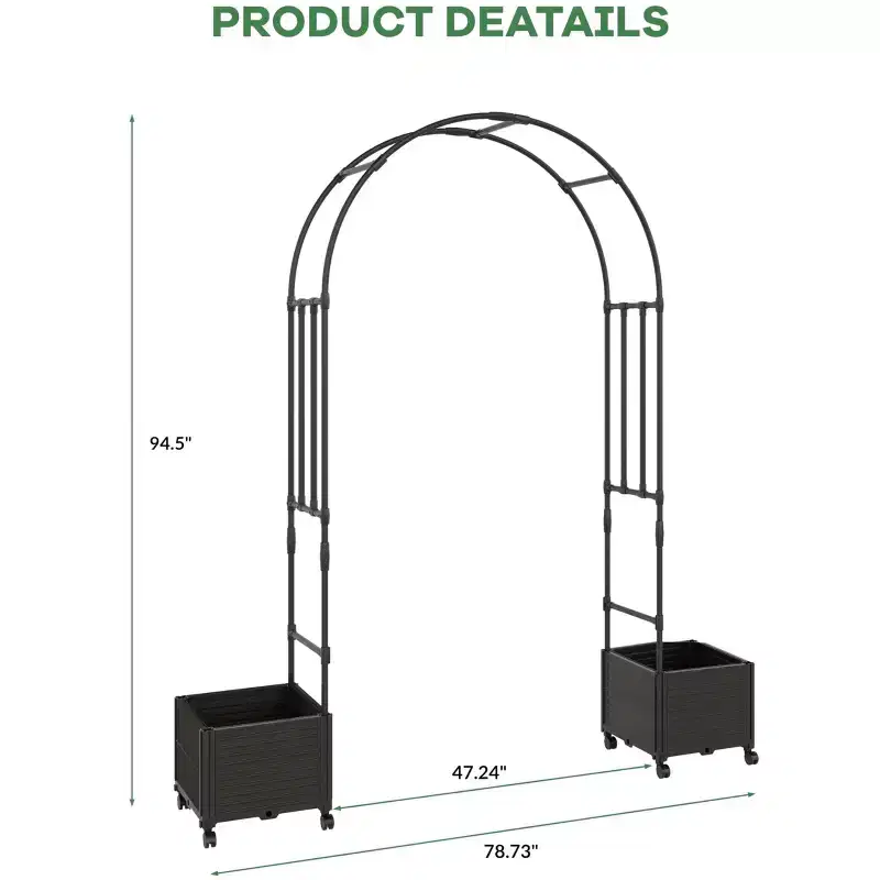 Heavy Duty Metal Garden Arch Arbor with Planter Boxes & Wheels, Outdoor Trellis for Climbing Plants, Mobile Wedding Archway Patio Yard Decor