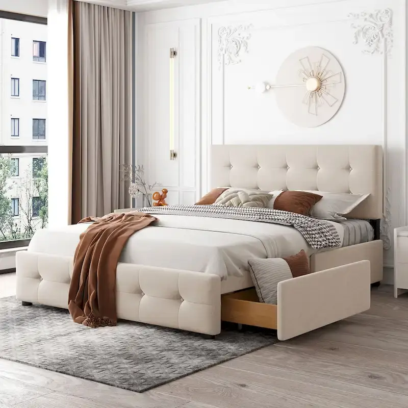 Queen Size Button-Tufted Platform Bed with 4 Drawers — Dark Gray / White / Light Gray / Beige, For 2
