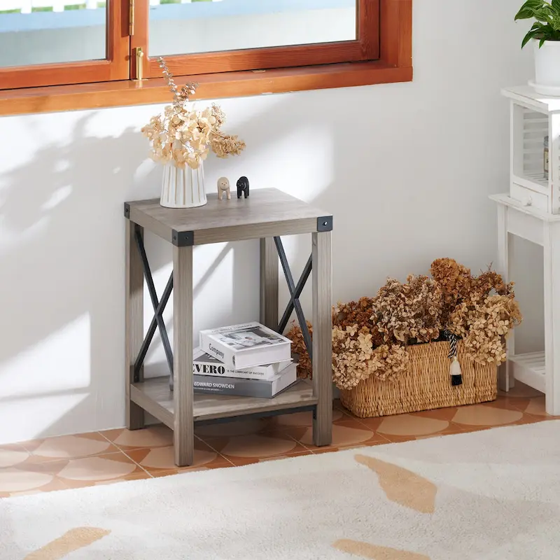 16-Inch Farmhouse Side or End Table with Storage Shelf