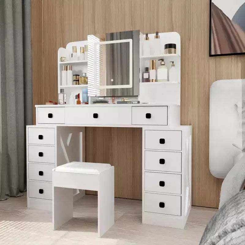 Okak Farmhouse Vanity Desk with Sliding Mirror, Makeup Vanity with Charging Station, Makeup Desk with Sponge Soft Stool for Dressing Room, White
