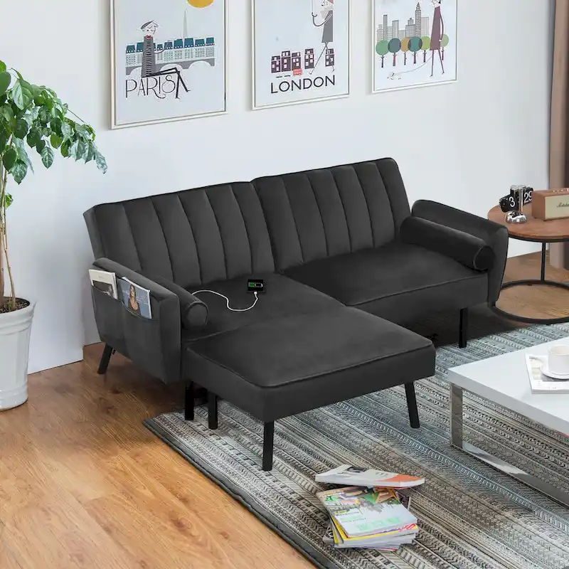 L-Shaped Velvet Sectional Sofa Couch, Convertible Futon Sleeper with Split Back Design Recliner for Compact Living - 2-Person