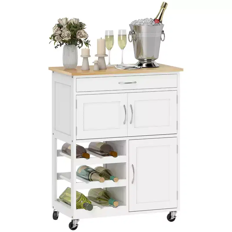 HOMCOM Bar Cart Rolling Kitchen Island on Wheels with 9-Bottle Wine Rack, Small Kitchen Cart Kitchen Storage Cabinets, Wooden Countertop, White