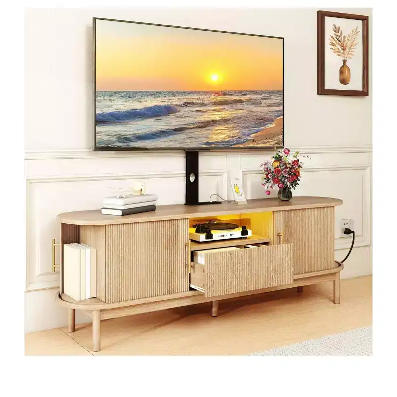 Fluted TV Stand with Mount for 32-70 inch TVs, Height Adjustable Fluted Entertainment Center with PowerOutlets & LED Light for Living Room