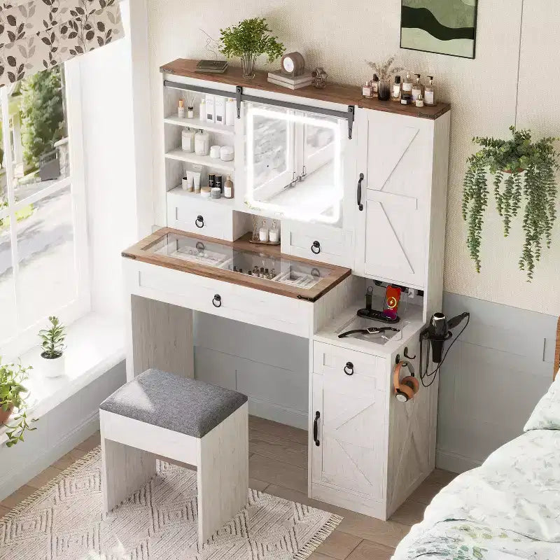 Okak Farmhouse Vanity Desk with Sliding Mirror and Glass Top, Makeup Desk with Stool and Storage, Vintage Vanity for Living Room, White