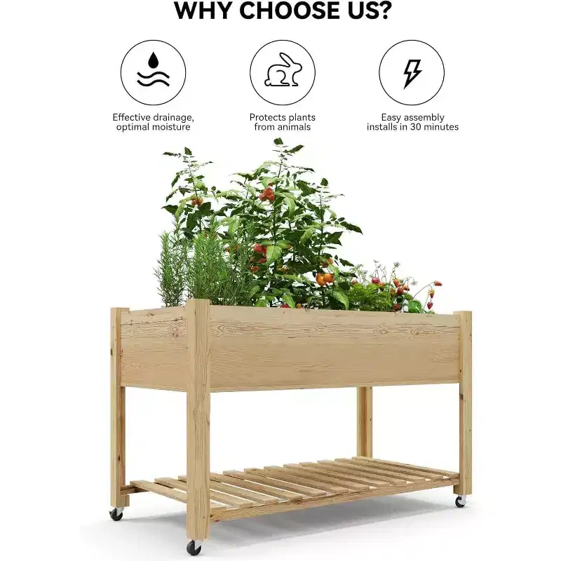 Rolling Plant Stand, Wooden Material, with Storage Shelf, Natural Wood Color, for Indoor/Outdoor Plants