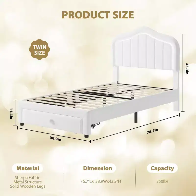 Upholstered Bed Frame with Storage Drawer and Smart Led Headboard, Twin Size Platform Bed Frames for Kids, Wooden Slats Support, No Box Spring Needed