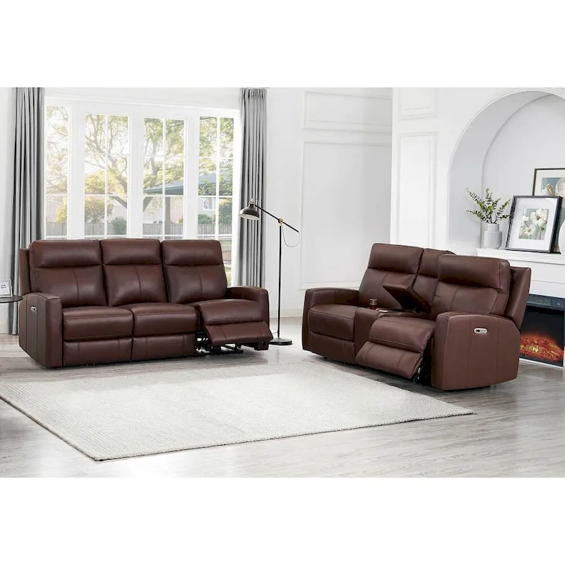 Brown / Pecan Top-Grain Leather Power Reclining Sofa & Loveseat with Zero Gravity & Adjustable Headrest
