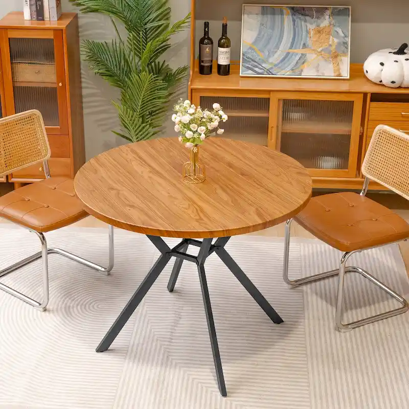 Modern Farmhouse Style 38.6 Round Dining Table with Pedestal Cross Metal Legs