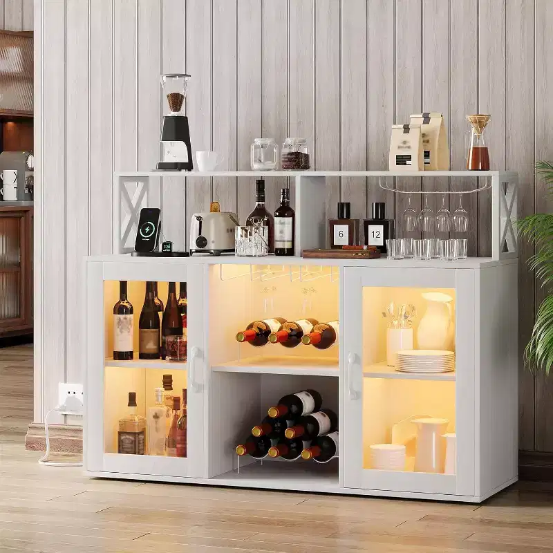 Wine Cabinet with LED light, Bar Cabinet with Wine Shelf, Glass Holder and Power Outlets, for Living Room, Dining Room