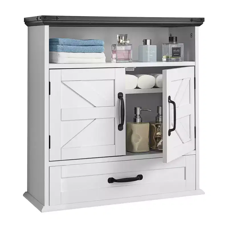 VEVOR Bathroom Wall Cabinet, 2 Doors & Adjustable Shelf, Over the Toilet Storage Medicine Cabinet Wall Mounted, with Drawer & Open Partition,White