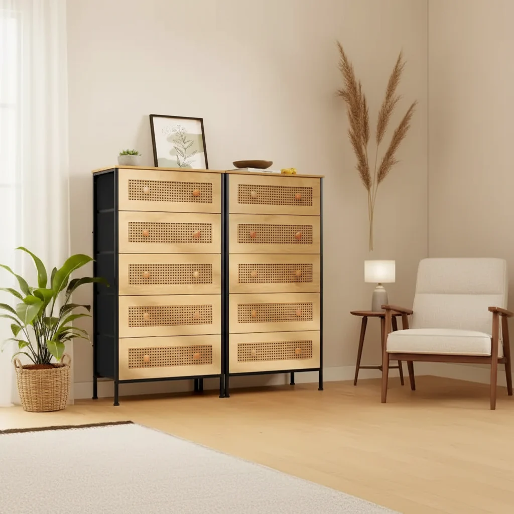 5-Drawer Faux Rattan Storage Dresser �C Steel Frame Fabric Bedroom Tower
