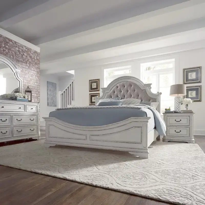 Magnolia Manor Upholstered Bed, Dresser and Mirror, and Nightstand Set