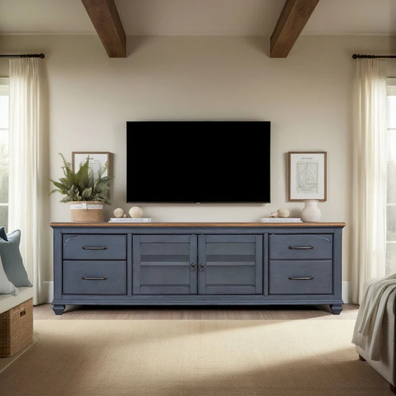 84-Inch TV Stand – Corduroy Blue, Coastal Traditional Style, Fits TVs up to 90 Inches