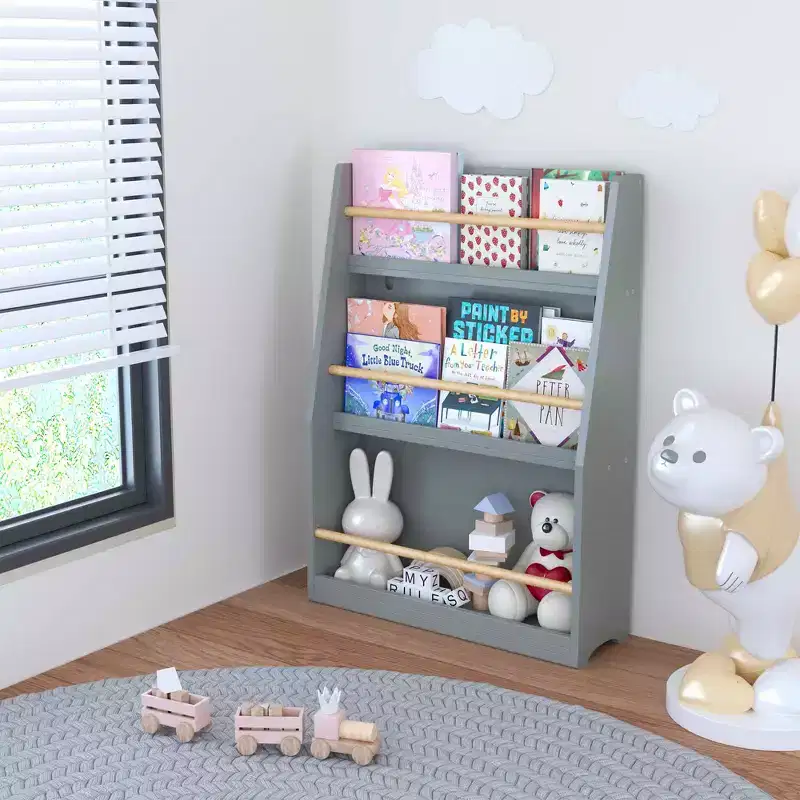 Gray 3-Tier Kids Bookshelf, Floor Standing Book Rack for 1–2 Users