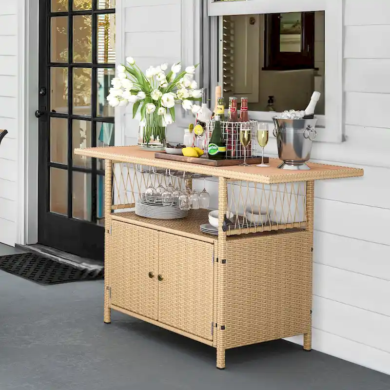 Moasis Outdoor Storage Cabinet Patio Wicker Bar Counter Backyard Furniture w/Plastic Wood Tabletop - 50.4L x20.9W x 33.9H