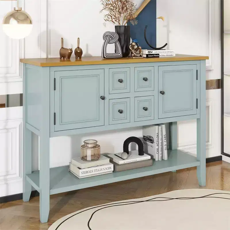Farmhouse Console Table with 4 Drawers & 2 Cabinets, Lime White Sofa Table for Living Room Entryway Hallway Kitchen