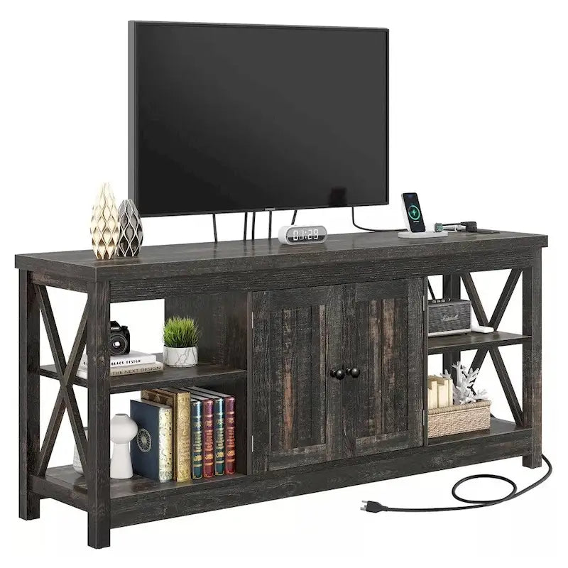 Grey Farmhouse MDF TV Stand with Power Outlets, USB Ports and 3-Tier Open Shelves for 1 Person, Fits TVs up to 65