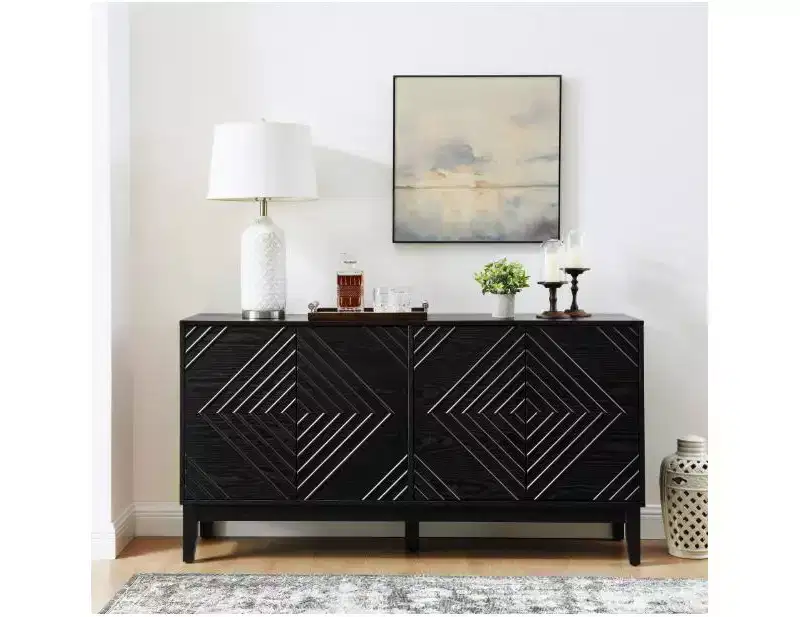 60 Modern Storage Sideboard Cabinet, Console Table TV Stand with Geometric Pattern Doors & Adjustable Shelves, Buffet Coffee Bar Table for Kitchen