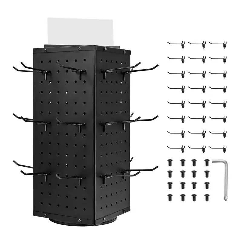 VEVOR Rotating Pegboard Display Stand, 4-Sided Spinning Peg Board Display with 24 Hooks, Thickened Cold-Rolled Steel Craft Rack Organizer, Black
