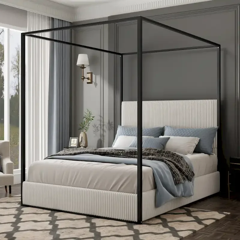 Metal Canopy Frame Platform Bed with Vertical Stripe Upholstered Headboard Wingback Bed, Four Poster Bed, Low Profile Panel Bed