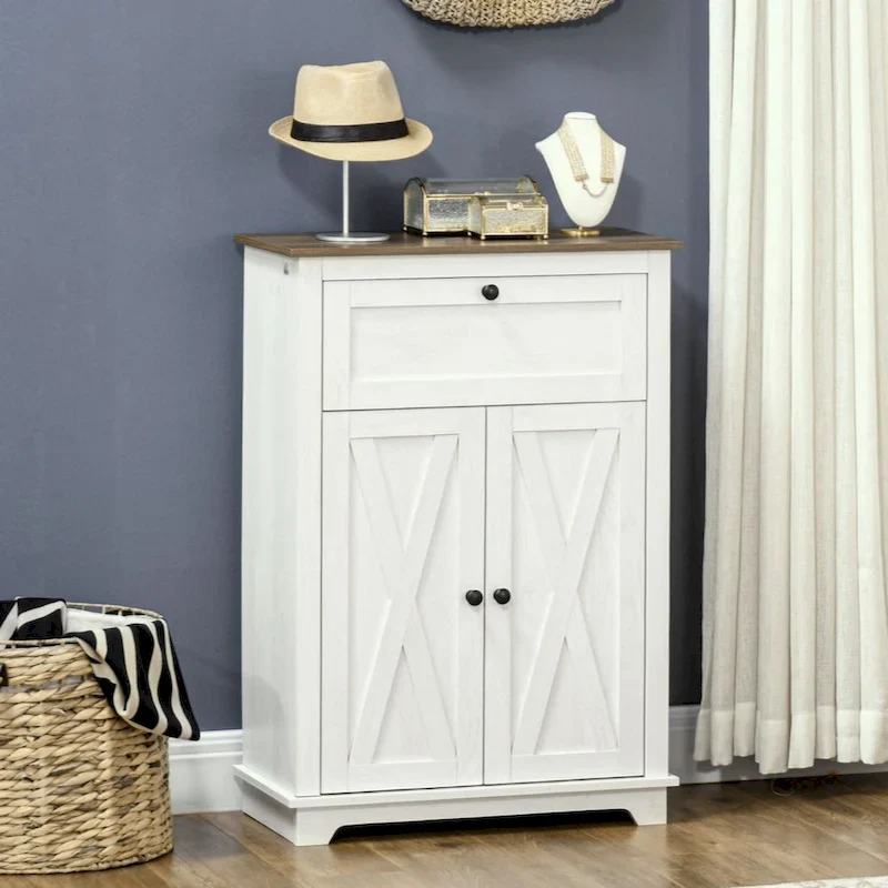 White Barn Door Accent Cabinet with Drawer and Double Doors